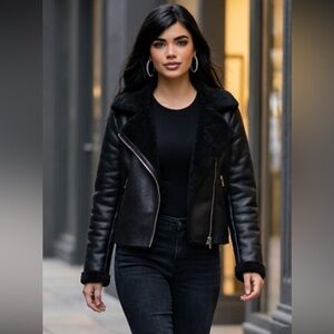 Vigoss Black Faux Leather Shearling Moto Jacket